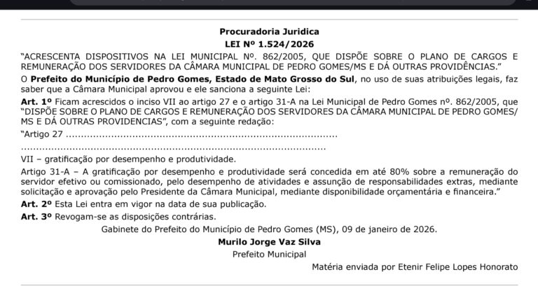Leia mais sobre o artigo Câmara de Pedro Gomes cria gratificação que pode elevar salários em até 80%