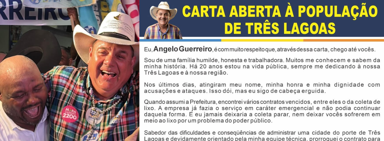 Angelo Guerreiro divulga carta aberta à população de Três Lagoas e se manifesta sobre acusações na reta final da campanha